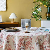 Red Peony Flowers Tablecloth With Round Tassels Cotton Linen Table Cloth