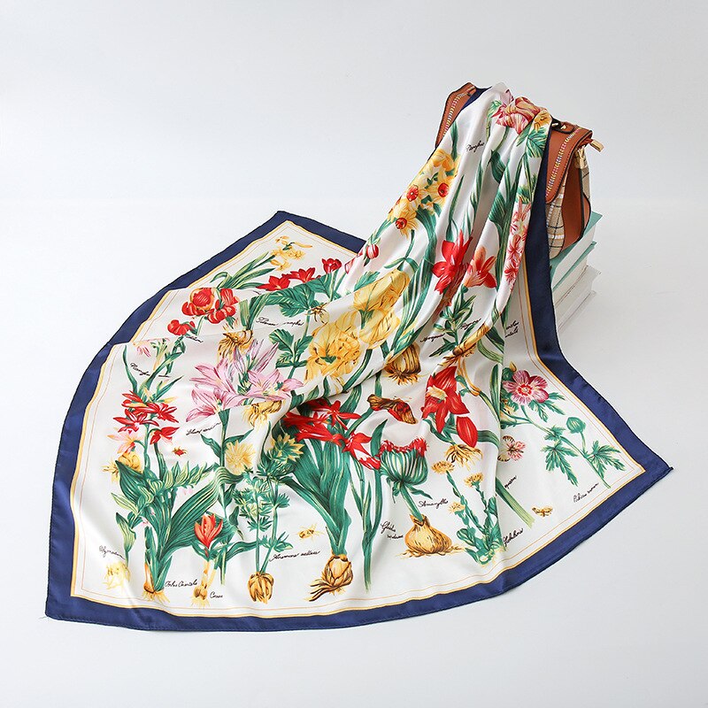 2023 NEW Women Silk Scarf 90CM Square Autumn Foulard Kercheif Oil Paint Printed Flower  Scarves Lady's Neck Hair Band Girl Shawl