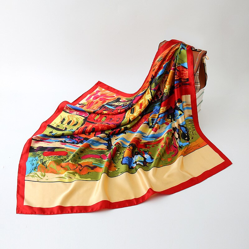 2023 NEW Women Silk Scarf 90CM Square Autumn Foulard Kercheif Oil Paint Printed Flower  Scarves Lady's Neck Hair Band Girl Shawl