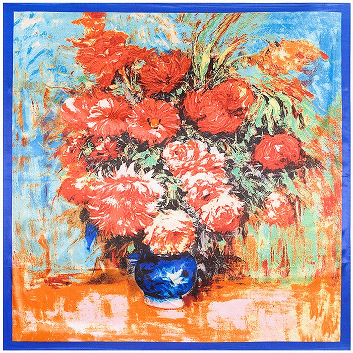 2023 NEW Women Silk Scarf 90CM Square Autumn Foulard Kercheif Oil Paint Printed Flower  Scarves Lady's Neck Hair Band Girl Shawl