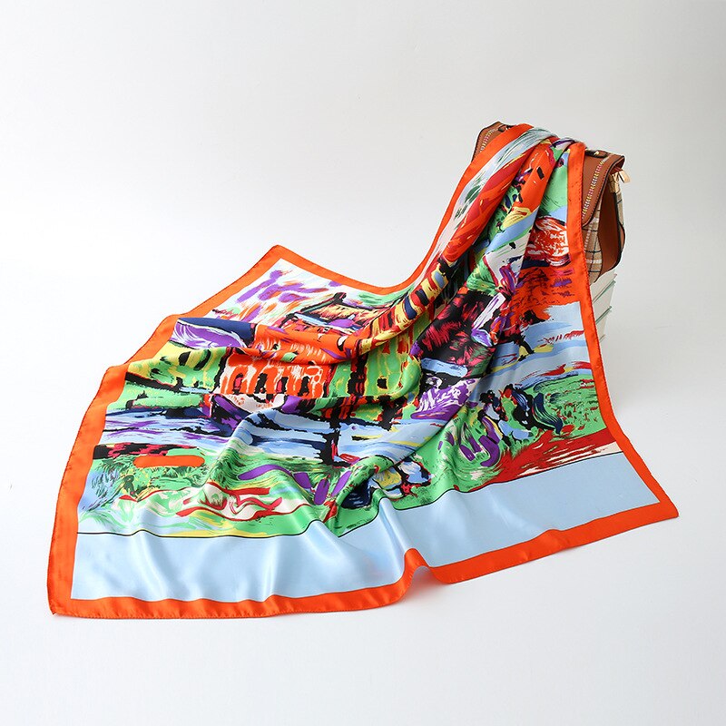 2023 NEW Women Silk Scarf 90CM Square Autumn Foulard Kercheif Oil Paint Printed Flower  Scarves Lady's Neck Hair Band Girl Shawl