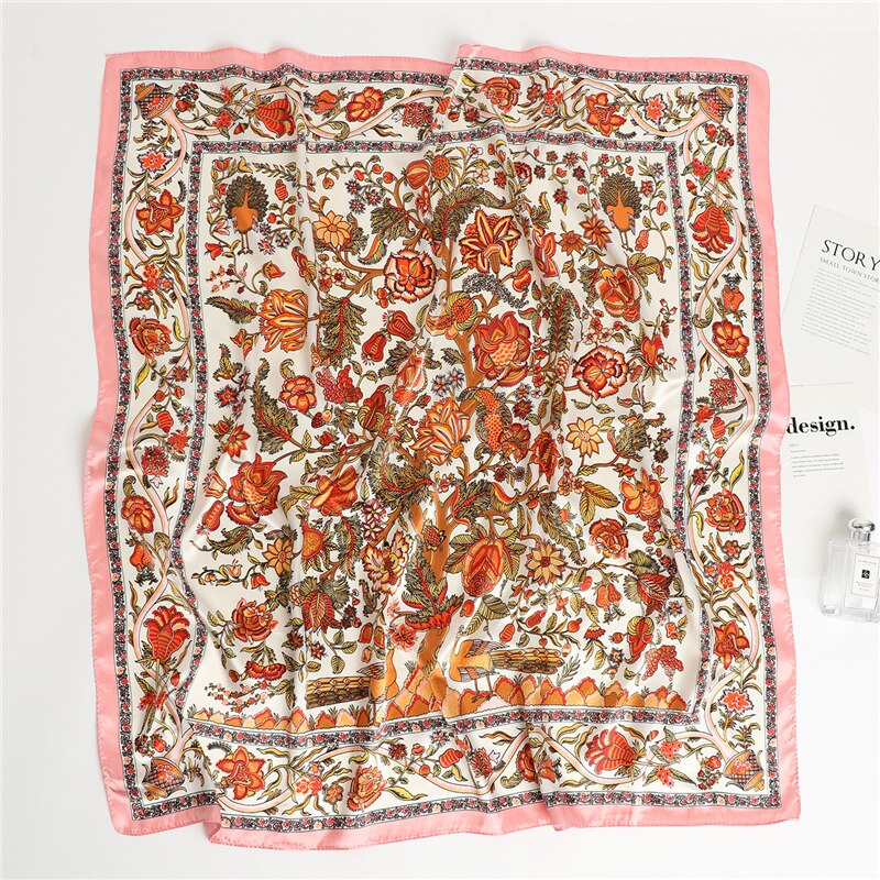 2023 Fashion Silk Square Scarf Soft Neckerchief Flower Print Headscarf