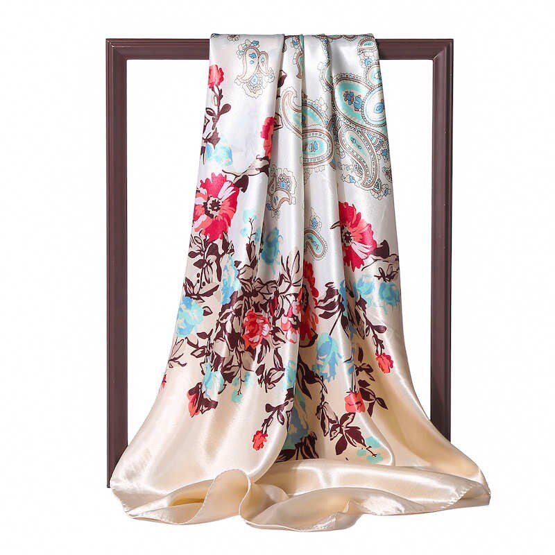 2023 Fashion Silk Square Scarf Soft Neckerchief Flower Print Headscarf