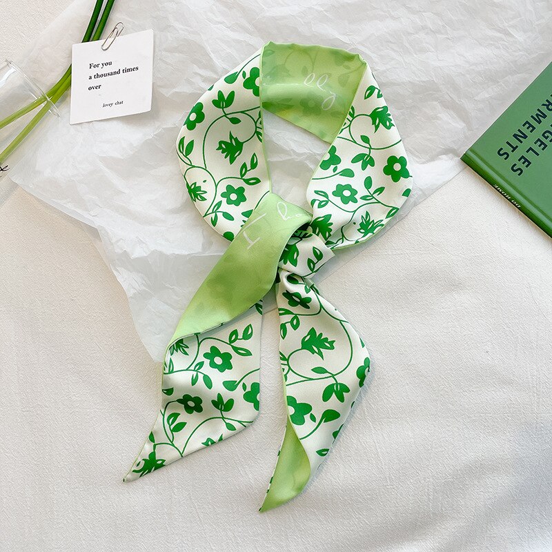 2023 French Green Silk Neck Scarf Flowers Printed Female Hair Band