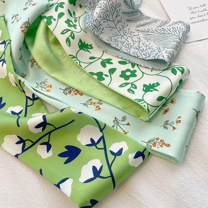 2023 French Green Silk Neck Scarf Flowers Printed Female Hair Band