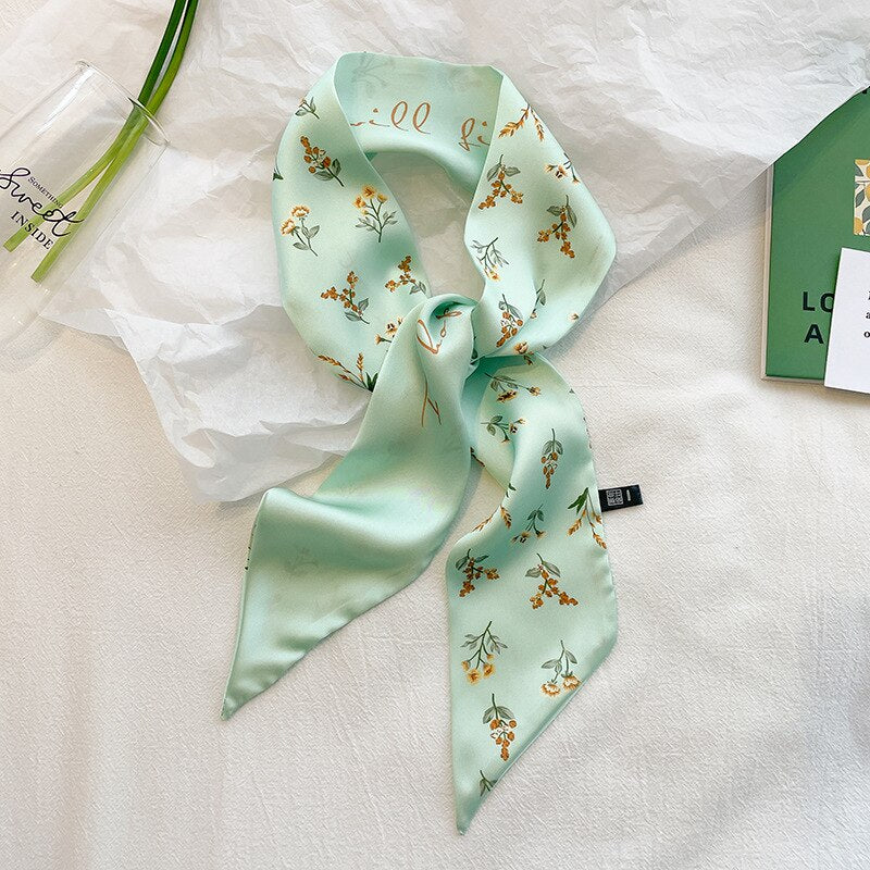 2023 French Green Silk Neck Scarf Flowers Printed Female Hair Band