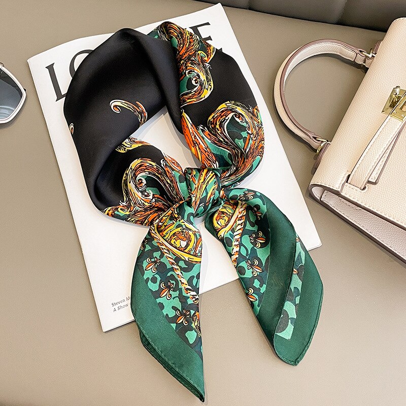 Flower Silk Square Scarf Women Satin Shawl Wrap Female Hair Band Wrist Luxury Headkerchief 70*70cm