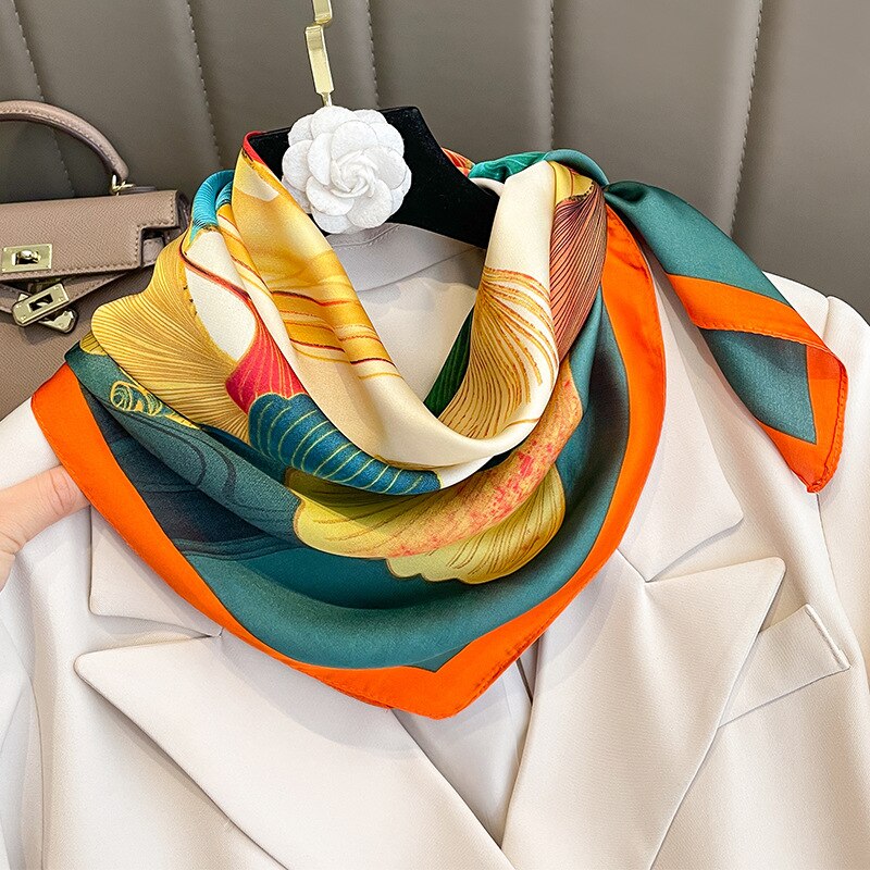 Flower Silk Square Scarf Women Satin Shawl Wrap Female Hair Band Wrist Luxury Headkerchief 70*70cm