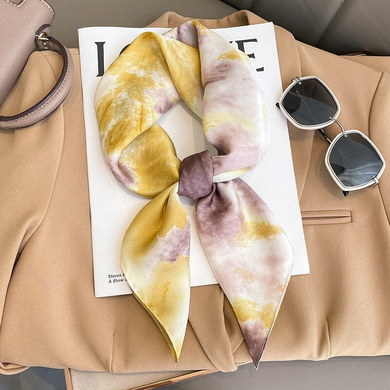 Flower Silk Square Scarf Women Satin Shawl Wrap Female Hair Band Wrist Luxury Headkerchief 70*70cm