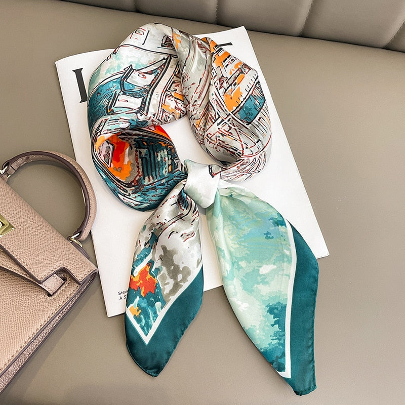 Flower Silk Square Scarf Women Satin Shawl Wrap Female Hair Band Wrist Luxury Headkerchief 70*70cm