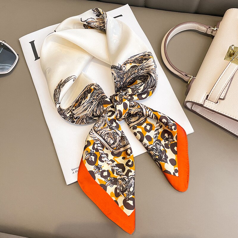 Flower Silk Square Scarf Women Satin Shawl Wrap Female Hair Band Wrist Luxury Headkerchief 70*70cm
