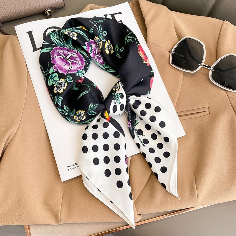 Flower Silk Square Scarf Women Satin Shawl Wrap Female Hair Band Wrist Luxury Headkerchief 70*70cm