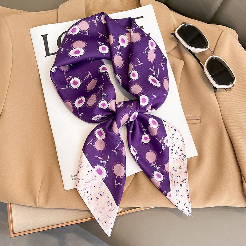 Flower Silk Square Scarf Women Satin Shawl Wrap Female Hair Band Wrist Luxury Headkerchief 70*70cm