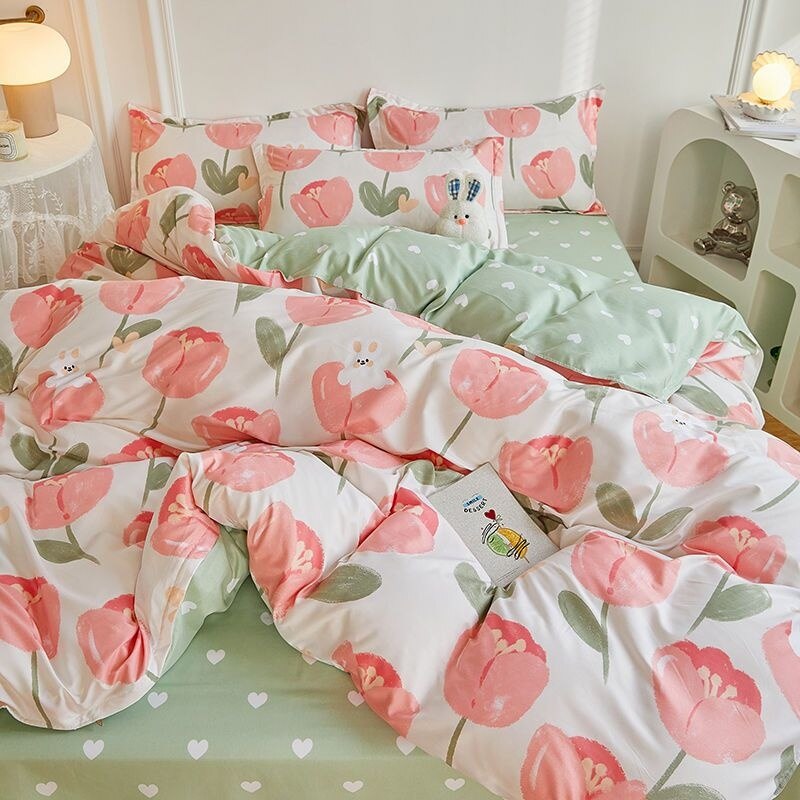 Green Flowers Duvet Cover Bed Sheet Pillowcase Twin Full Queen Size Four Pieces Floral Bedding Set Decor Home