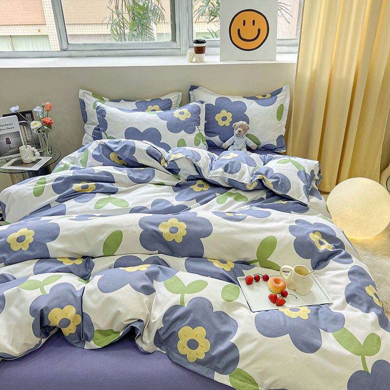 Funda nórdica de flores verdes, Sábana de cama, funda de almohada, tamaño doble, tamaño Queen, juego de cama Floral de cuatro piezas, decoración para el hogar 