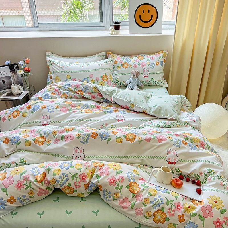 Green Flowers Duvet Cover Bed Sheet Pillowcase Twin Full Queen Size Four Pieces Floral Bedding Set Decor Home