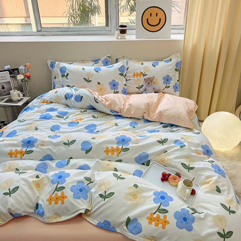 Funda nórdica de flores verdes, Sábana de cama, funda de almohada, tamaño doble, tamaño Queen, juego de cama Floral de cuatro piezas, decoración para el hogar 