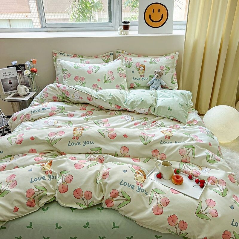 Green Flowers Duvet Cover Bed Sheet Pillowcase Twin Full Queen Size Four Pieces Floral Bedding Set Decor Home