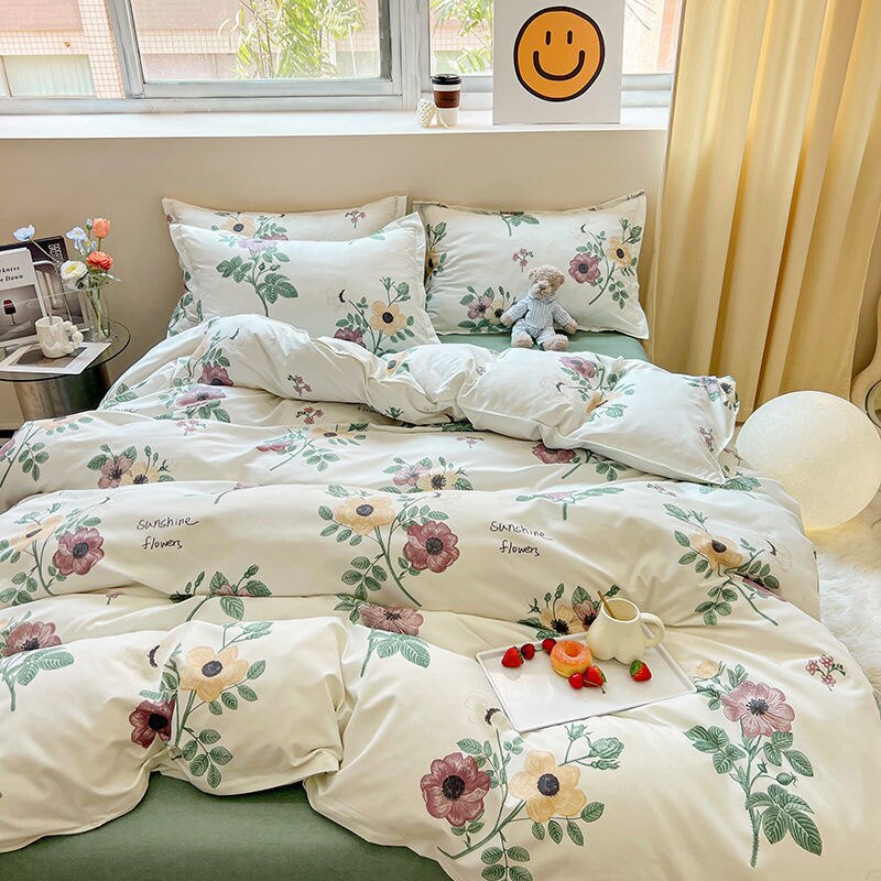 Green Flowers Duvet Cover Bed Sheet Pillowcase Twin Full Queen Size Four Pieces Floral Bedding Set Decor Home