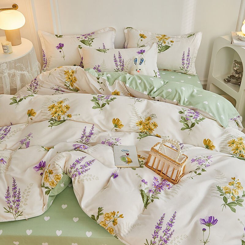 Funda nórdica de flores verdes, Sábana de cama, funda de almohada, tamaño doble, tamaño Queen, juego de cama Floral de cuatro piezas, decoración para el hogar 