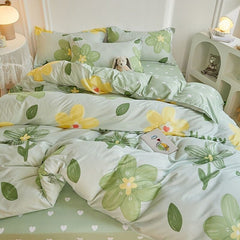 Green Flowers Duvet Cover Bed Sheet Pillowcase Twin Full Queen Size Four Pieces Floral Bedding Set Decor Home