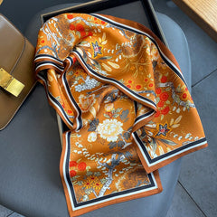 Long Flower Silk Scarf Satin Neck Soft Scarf