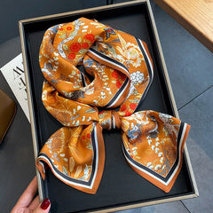 Long Flower Silk Scarf Satin Neck Soft Scarf