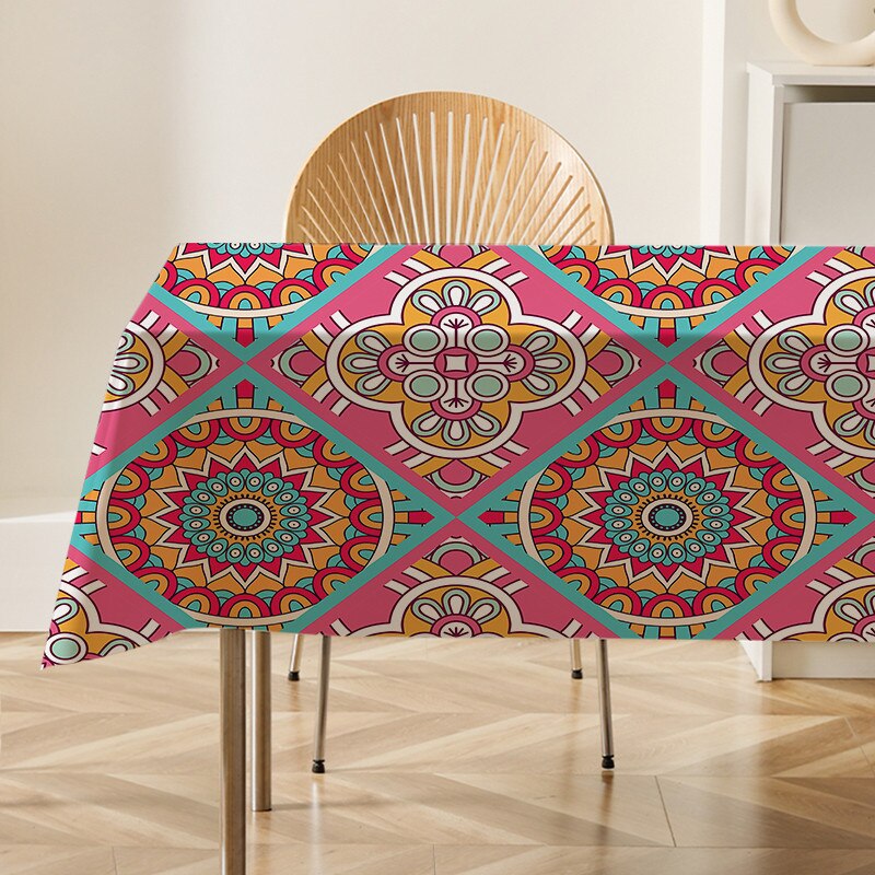 Mandala Floral Patterns Flax Linen Tablecloth Table Dustproof Cover Heat Resistant Kitchen Dining Room Decoration Multiple Sizes