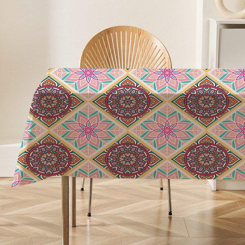 Mandala Floral Patterns Flax Linen Tablecloth Table Dustproof Cover Heat Resistant Kitchen Dining Room Decoration Multiple Sizes