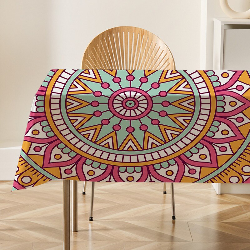 Mandala Floral Patterns Flax Linen Tablecloth Table Dustproof Cover Heat Resistant Kitchen Dining Room Decoration Multiple Sizes