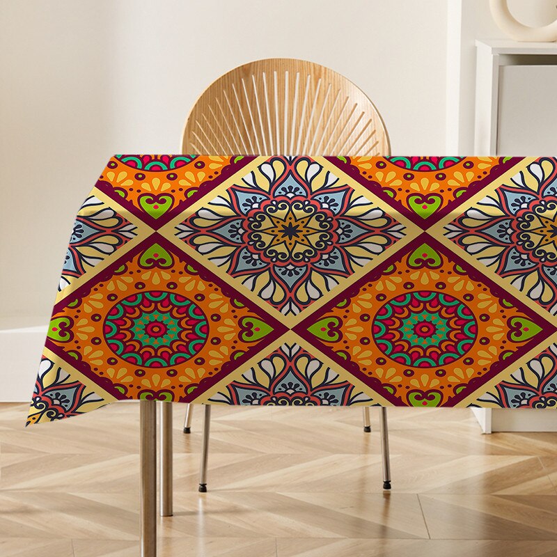Mandala Floral Patterns Flax Linen Tablecloth Table Dustproof Cover Heat Resistant Kitchen Dining Room Decoration Multiple Sizes