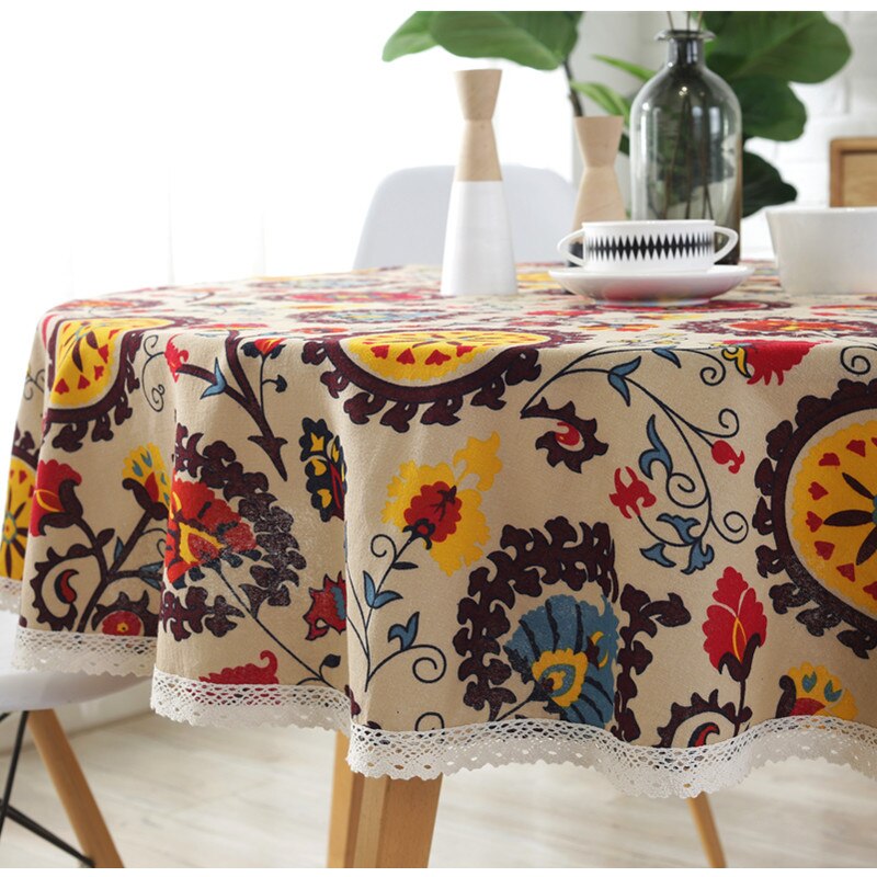 Popular Lace Round Bohemian Sunflower Flowers Printed Tablecloth