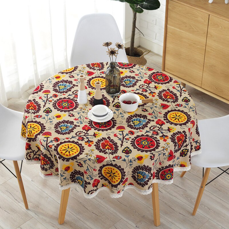 Popular Lace Round Bohemian Sunflower Flowers Printed Tablecloth