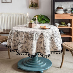 Red Peony Flowers Tablecloth With Round Tassels Cotton Linen Table Cloth