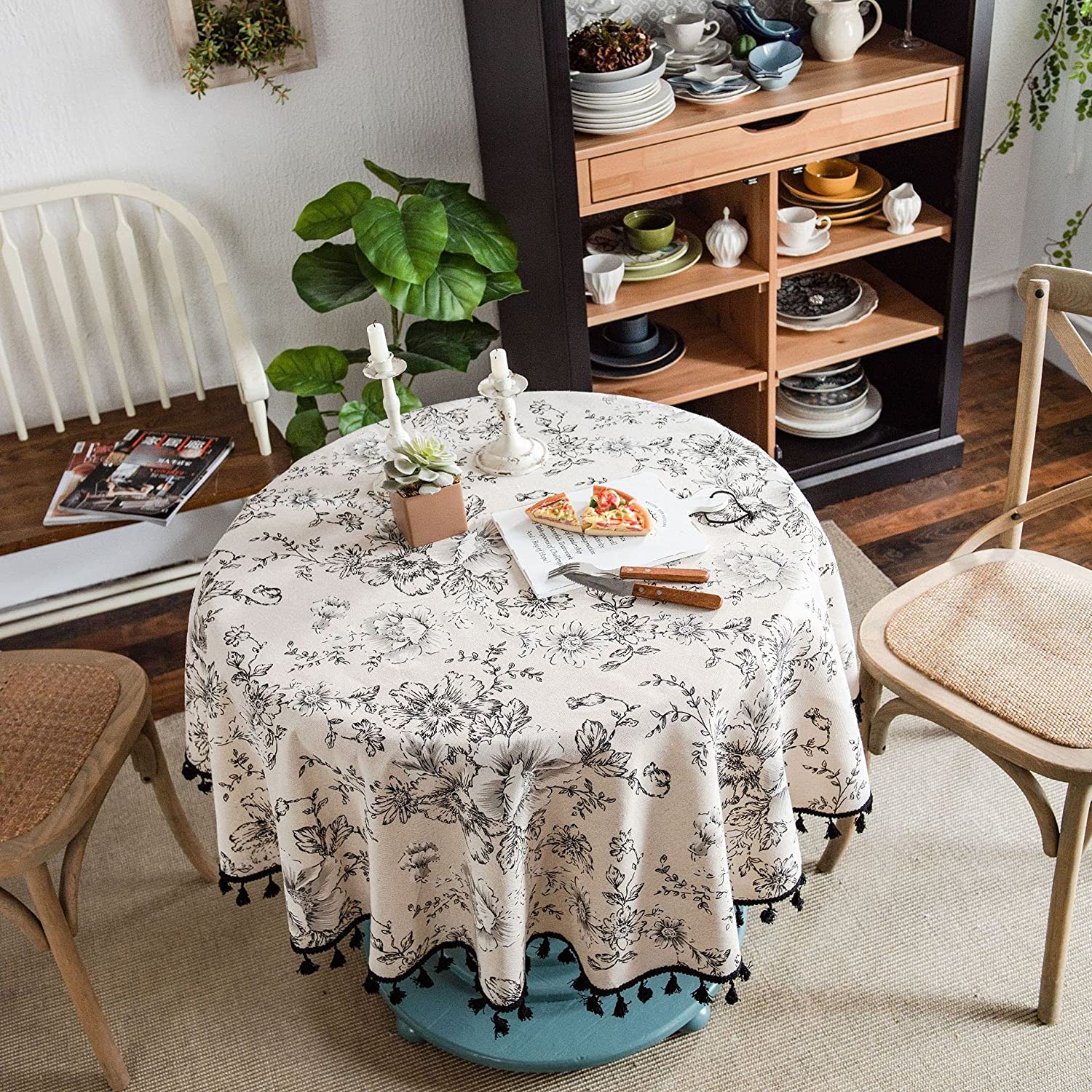 Red Peony Flowers Tablecloth With Round Tassels Cotton Linen Table Cloth