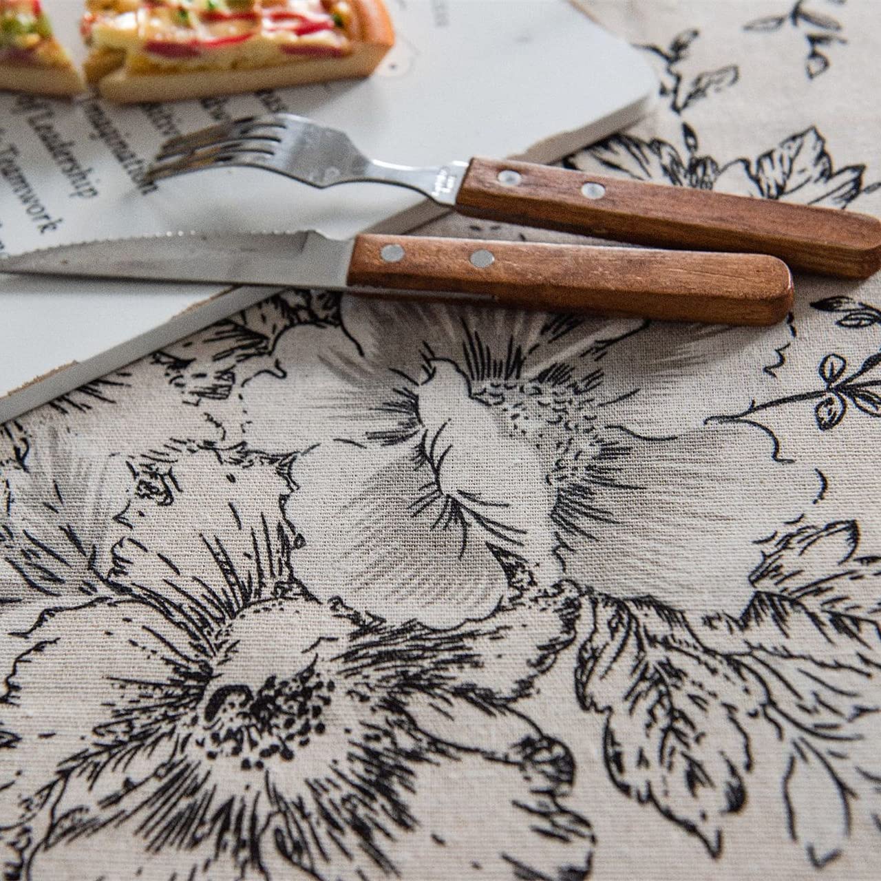 Red Peony Flowers Tablecloth With Round Tassels Cotton Linen Table Cloth