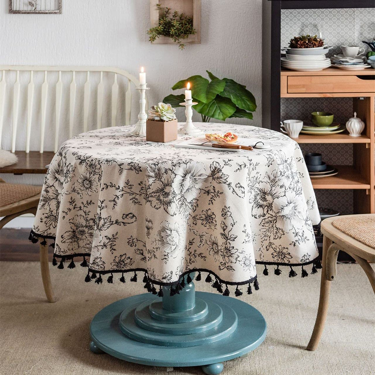 Red Peony Flowers Tablecloth With Round Tassels Cotton Linen Table Cloth