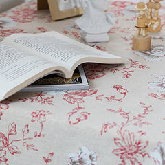 Red Peony Flowers Tablecloth With Round Tassels Cotton Linen Table Cloth