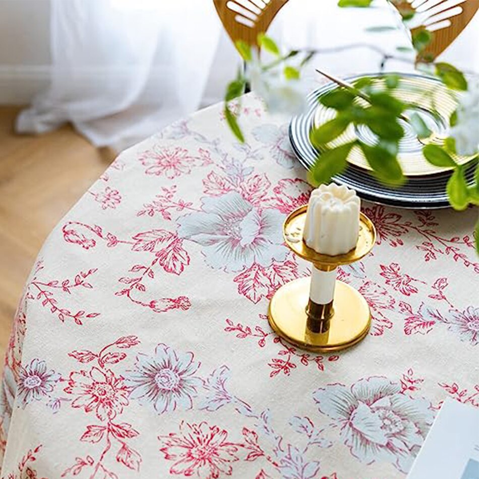 Red Peony Flowers Tablecloth With Round Tassels Cotton Linen Table Cloth