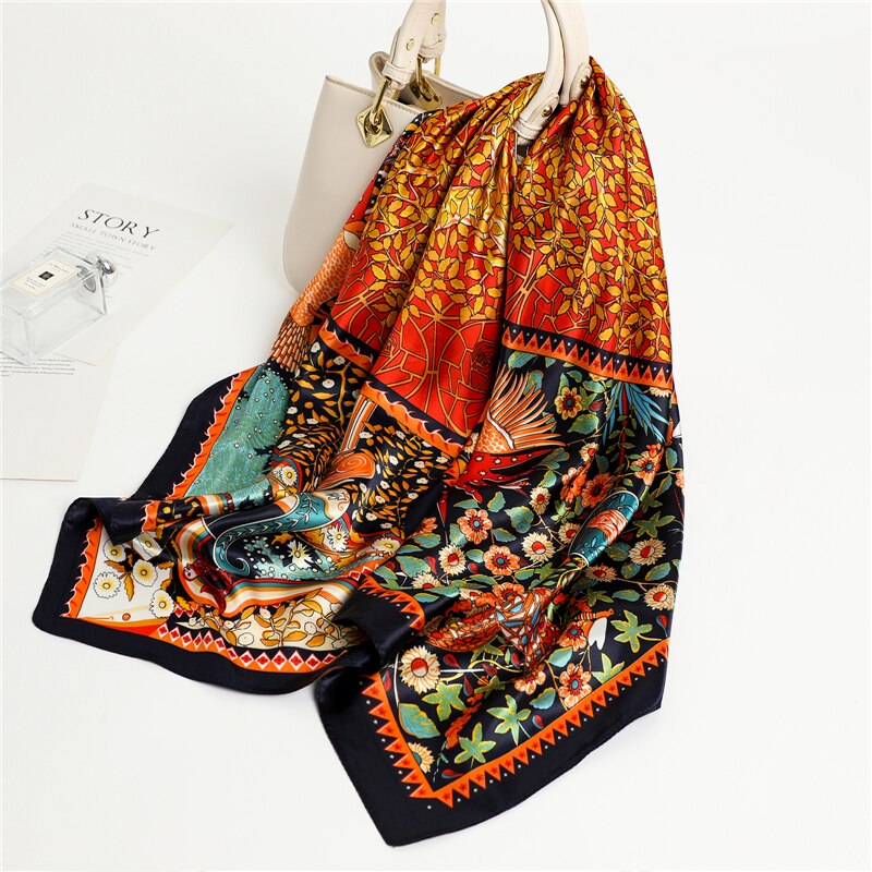 Flower Print Shawl Silk Square Scarf For Women Neckerchief Female Head Wraps Headband