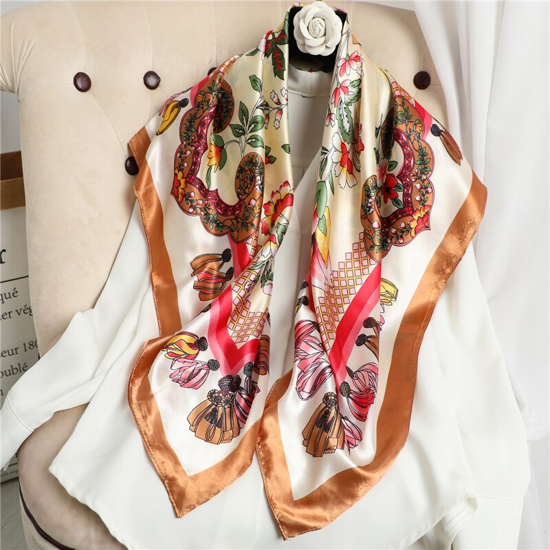 Flower Print Shawl Silk Square Scarf For Women Neckerchief Female Head Wraps Headband