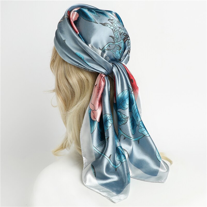 Flower Print Shawl Silk Square Scarf For Women Neckerchief Female Head Wraps Headband