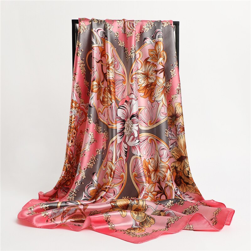 Flower Print Shawl Silk Square Scarf For Women Neckerchief Female Head Wraps Headband