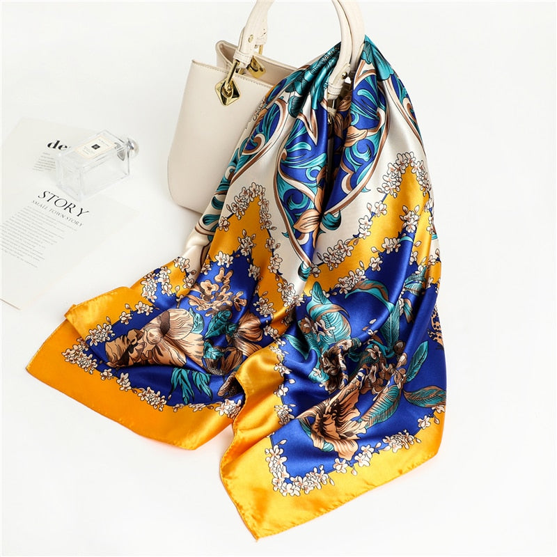 Flower Print Shawl Silk Square Scarf For Women Neckerchief Female Head Wraps Headband