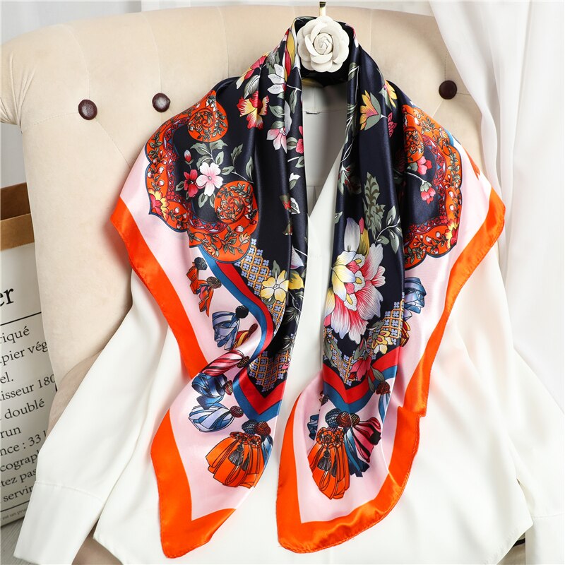 Flower Print Shawl Silk Square Scarf For Women Neckerchief Female Head Wraps Headband