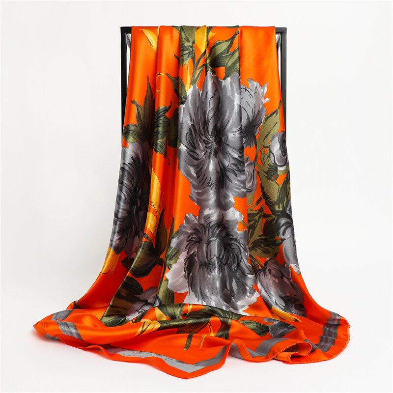 Flower Print Shawl Silk Square Scarf For Women Neckerchief Female Head Wraps Headband