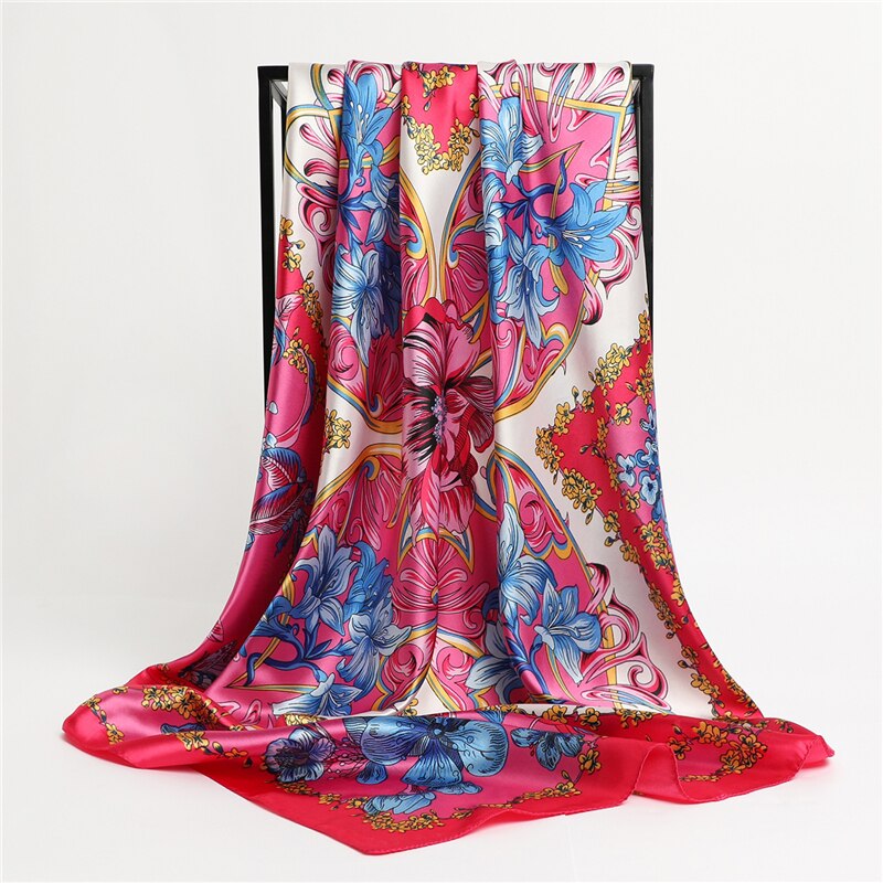 Flower Print Shawl Silk Square Scarf For Women Neckerchief Female Head Wraps Headband