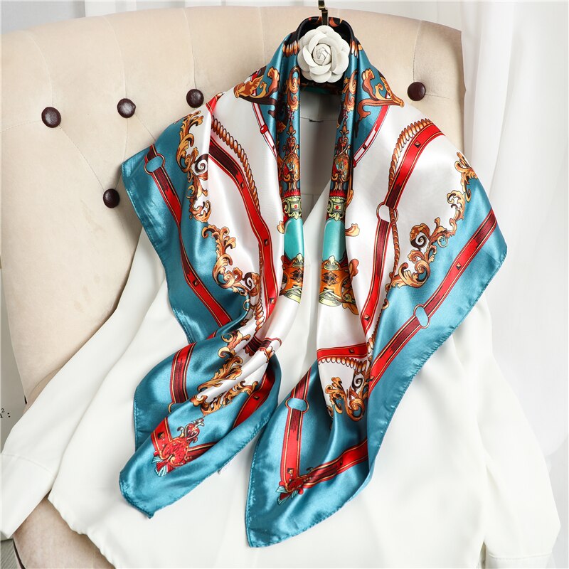 Flower Print Shawl Silk Square Scarf For Women Neckerchief Female Head Wraps Headband