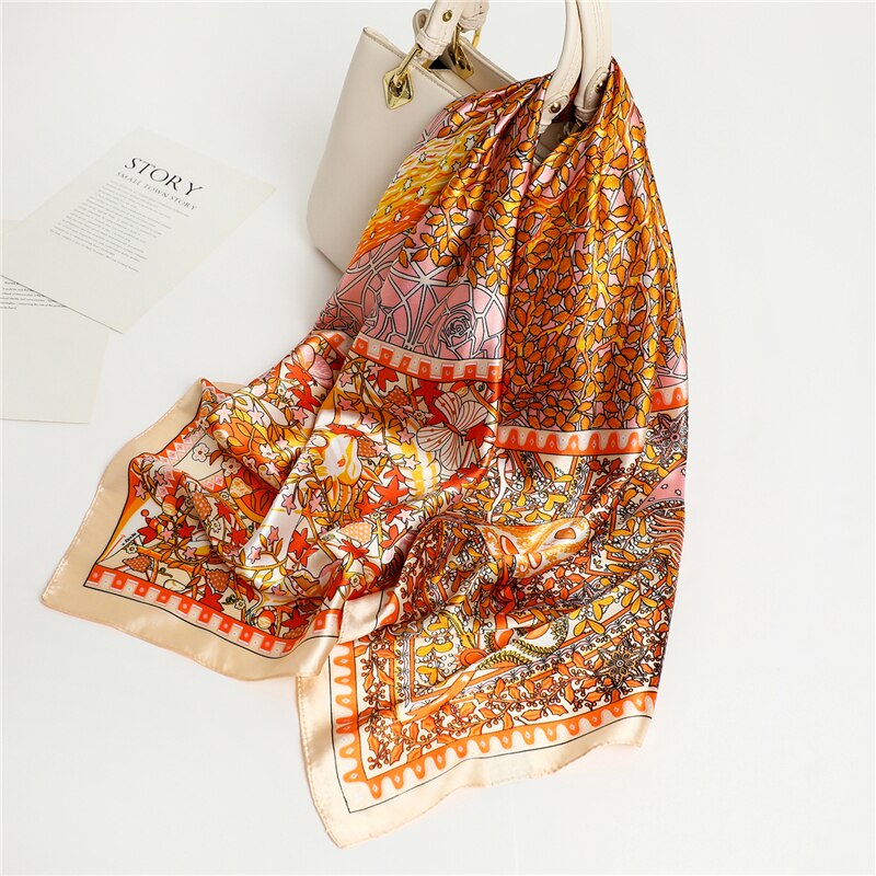 Flower Print Shawl Silk Square Scarf For Women Neckerchief Female Head Wraps Headband