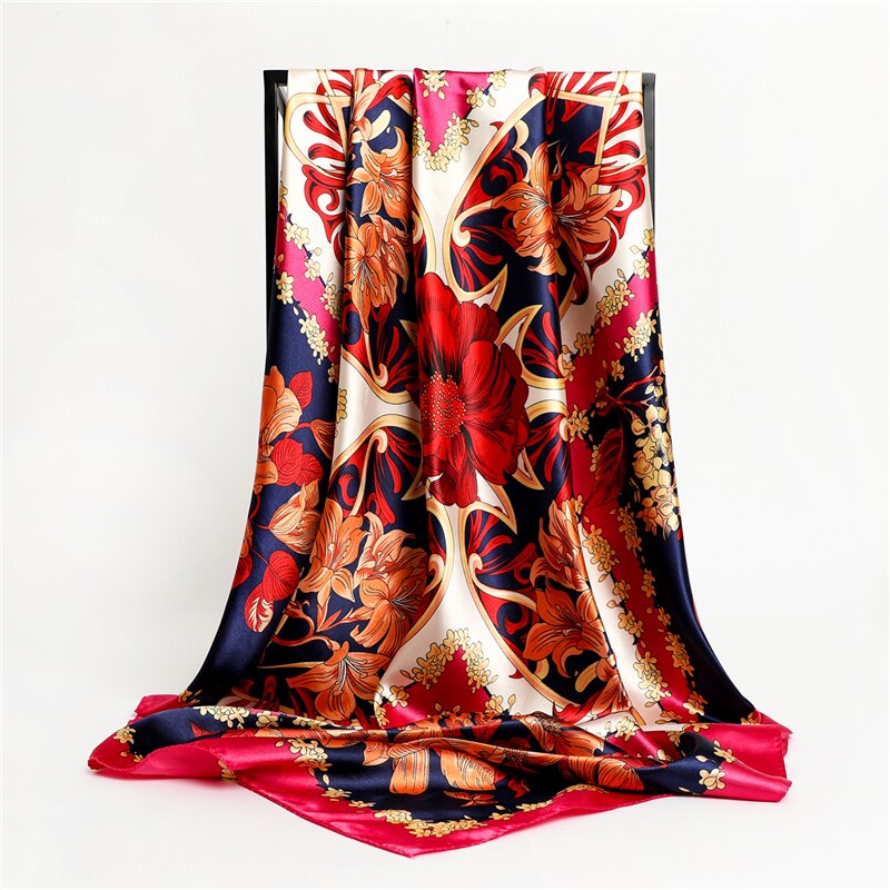 Flower Print Shawl Silk Square Scarf For Women Neckerchief Female Head Wraps Headband